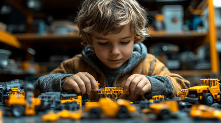 Young child engaged in creative play with construction toy vehicles in a workshop setting during daylight hours. Generative AIの素材