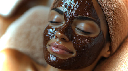 Woman enjoying a relaxing facial treatment at a spa in a serene setting during the afternoon hours. Generative AIの素材