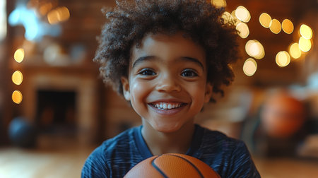 Young boy with curly hair smiles while holding a basketball in a cozy, warmly lit indoor setting during the afternoon. Generative AIの素材