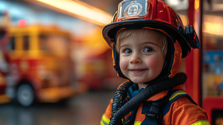 Young child dressed in firefighter attire smiles in a vibrant fire station filled with emergency vehicles. Generative AIの素材