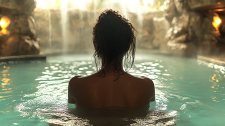 Woman relaxing in a serene indoor pool surrounded by natural rock formations and gentle waterfalls during daytime. Generative AIの素材
