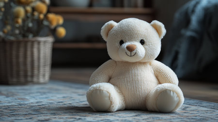 Soft teddy bear sits on a cozy rug in a warmly lit room decorated with dried flowers and wooden furniture. Generative AIの素材