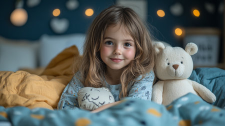 Little girl happily cuddling with stuffed animals in a cozy bedroom with soft lighting and colorful bedding. Generative AIの素材