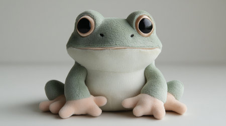 Soft plush frog toy displaying a friendly expression on a neutral background indoors. Generative AIの素材