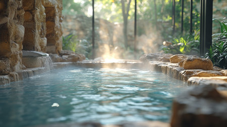 Relaxing hot spring experience surrounded by lush greenery in a tranquil setting during daytime. Generative AIの素材