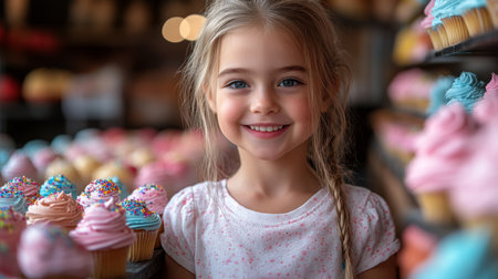 Little girl smiling among colorful cupcakes in a cheerful bakery setting. Generative AIの素材