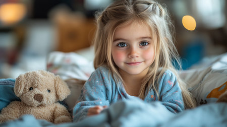 Little girl in cozy bedroom with teddy bear, enjoying peaceful moments in soft lighting during early morning hours. Generative AIの素材