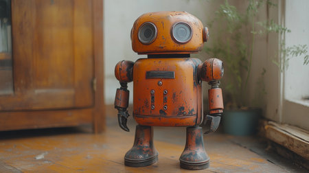Vintage robotic figure stands in a sunlit room with wooden furniture and greenery in the background. Generative AIの素材
