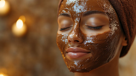 Woman relaxing with a chocolate face mask in a serene spa setting during a self-care routine. Generative AIの素材