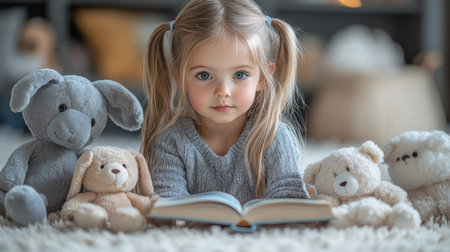 Young girl reading a book surrounded by soft toys on a cozy rug in a warm indoor setting. Generative AIの素材