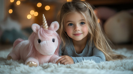 Young girl with long hair smiles beside a plush unicorn toy on a soft carpet in a cozy, softly lit room during evening hours. Generative AIの素材