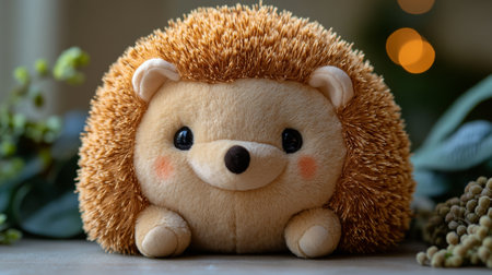 Cute plush hedgehog on a wooden table surrounded by greenery during cozy indoor setting. Generative AIの素材