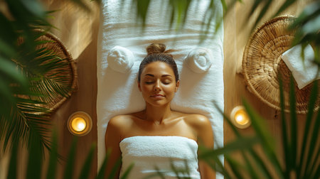 Relaxation experience with soothing candles and natural decor in a tranquil spa setting. Generative AIの素材