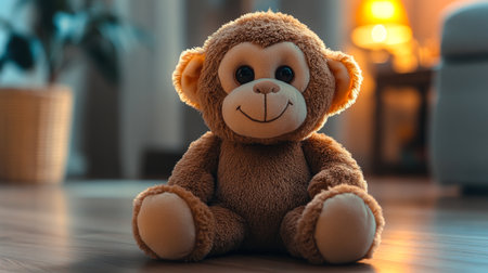 Soft monkey toy sits on wooden floor in cozy living room with warm lighting during evening hours. Generative AIの素材