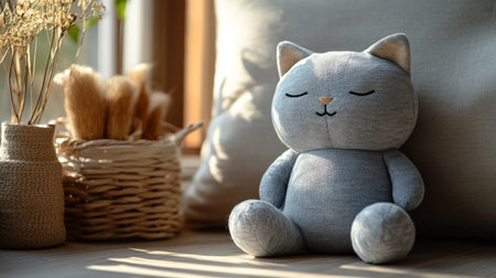 Soft gray cat plush toy sits calmly on a wooden surface beside decorative plants and natural elements in warm light. Generative AIの素材