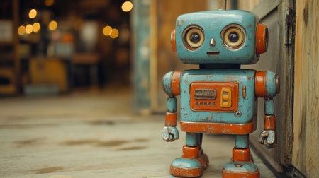 Vintage robot stands in a rustic setting with warm bokeh lights in the background during a cozy afternoon. Generative AIの素材