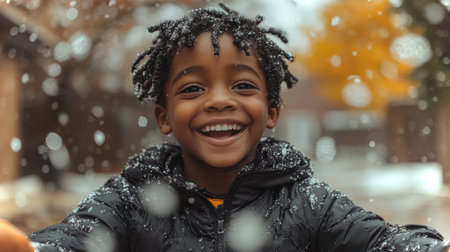 Happy child playing in the snow during winter in a neighborhood with fallen leaves and a festive atmosphere. Generative AIの素材