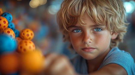 Young boy engaging with colorful play balls at a playful venue during daytime, showcasing curiosity and focus. Generative AIの素材