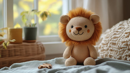 Cute knitted lion toy sitting on a soft blanket near a window with warm daylight and green plants. Generative AIの素材