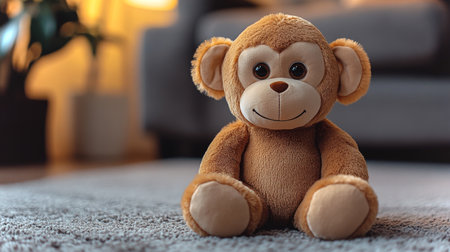 Plush monkey toy sitting on a soft carpet in a cozy living room with warm lighting and modern furniture. Generative AIの素材