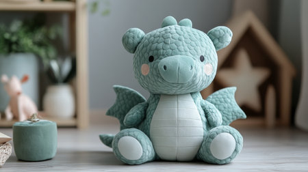 Cute plush dragon toy sitting on a wooden floor in a cozy, bright childrens room with soft decor elements. Generative AIの素材