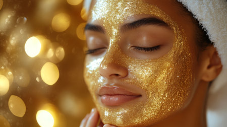 Young woman enjoying a relaxing spa treatment with a gold facial mask while sparkling lights shine in the background. Generative AIの素材