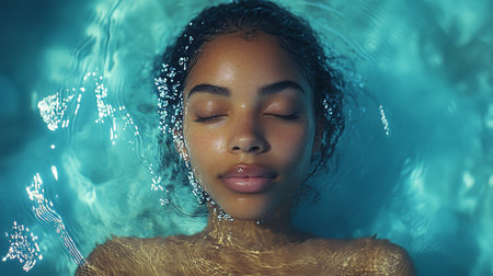 Calm young woman floating in a pool, embracing tranquility and reflection on her serene summer day. Generative AIの素材