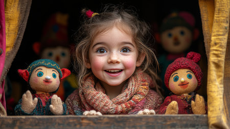 Joyful child smiles while posing with colorful handmade dolls at a festive market in autumn. Generative AIの素材
