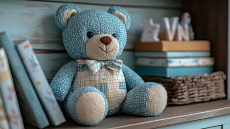Cute handmade teddy bear seated on a wooden shelf surrounded by books and decorative items in a cozy interior. Generative AIの素材