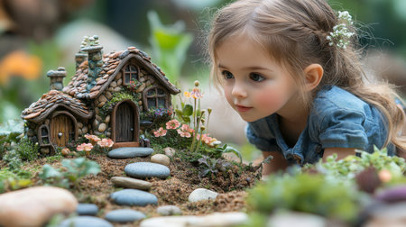Young girl exploring a whimsical fairy house in a lush garden setting during the daytime. Generative AIの素材