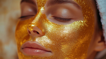 Luxurious gold facial treatment enhances skin radiance and relaxation during a spa day experience. Generative AIの素材