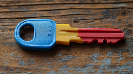 Colorful plastic key resting on rustic wooden surface, showcasing a vibrant design in blue, yellow, and red hues. Generative AIの素材