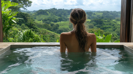 Relaxing in a hot tub with a view of lush greenery in a serene countryside setting during a sunny day. Generative AIの素材