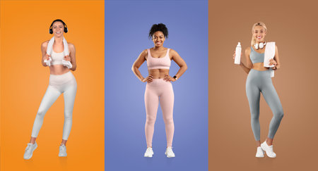 Fitness enthusiasts showcase athletic styles in vibrant collageの写真素材