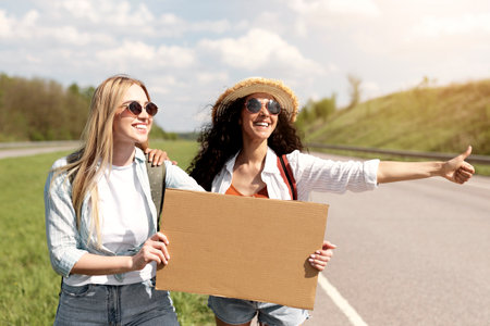 Two female friends hitching free ride, holding blank carton sign with mockup, stopping car on road, free spaceの写真素材