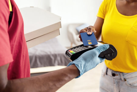 Unrecognizable Female Paying For Pizza Delivery With Credit Card Indoorの写真素材