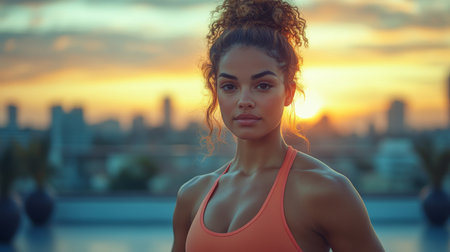 Fitness enthusiast poses confidently at sunset on a rooftop with urban skyline in the background during evening workout session. Generative AIの素材