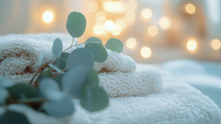 Explore eco-friendly beauty with luxurious towels and greenery for relaxing spa experienceの素材