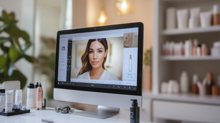 Virtual skin consultation on a computer display with skincare products nearbyの素材