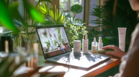 Virtual skincare consultation session featuring natural products and a laptop setupの素材