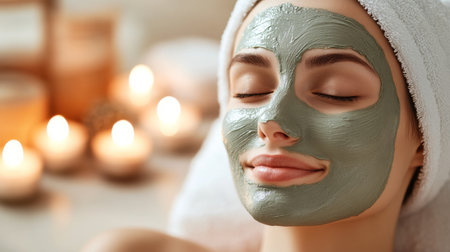 Enjoying a relaxing home spa experience with a calming face mask and candlelightの素材