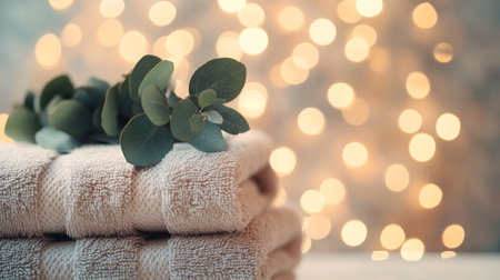 Towel arrangement with eucalyptus and warm bokeh lights in a beauty settingの素材