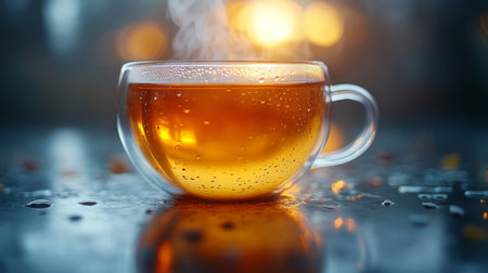 Warm cup of herbal tea steaming on a reflective surface with a cozy glow in the background enhancing the calming atmosphere. Generative AIの素材