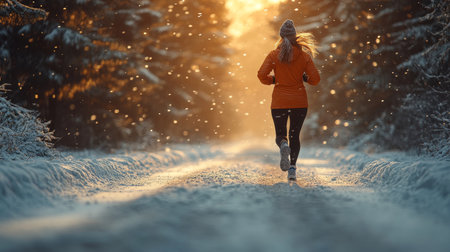 Running through a snowy forest during sunrise with warm light illuminating the path ahead. Generative AIの素材