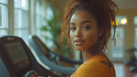 Woman exercising indoors at a fitness center while focusing on her workout routine. Generative AIの素材