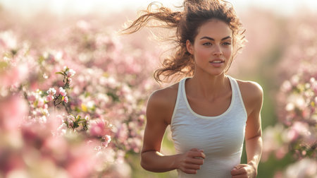 Woman running through a blooming flower field in springtime sunshine. Generative AIの素材