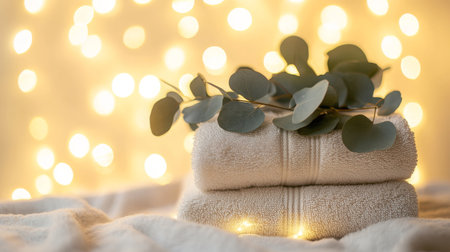 Eco-friendly beauty towels adorned with eucalyptus against a soft glowing backgroundの素材