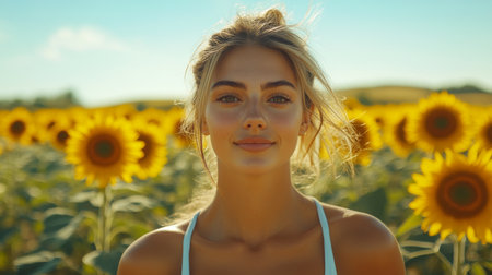 Young woman smiles in sunflower field under clear blue sky during sunny day in summer. Generative AIの素材