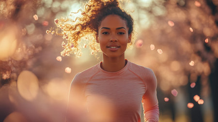 Woman running outdoors during sunset surrounded by blooming trees and falling petals. Generative AIの素材