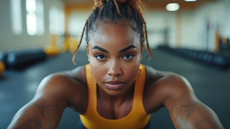Strong woman preparing for workout in a gym with weightlifting equipment during daylight. Generative AIの素材